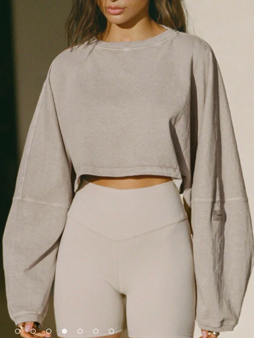 Cropped Long-Sleeve Crewneck Top in Sandstone